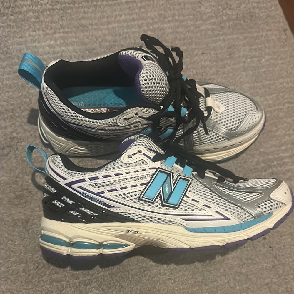 New Balance White and Blue Running Shoes